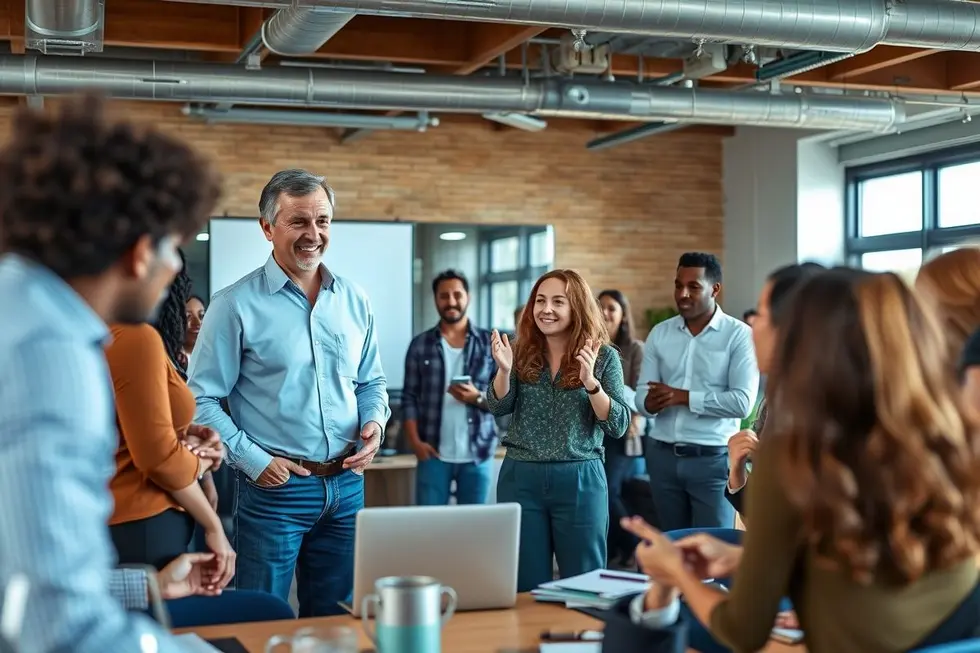 Mentor de negócios guiando um grupo de empreendedores