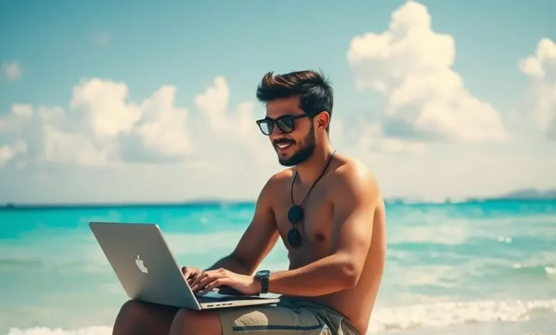 Nômade digital, sentado em uma praia, trabalhando em seu laptop.