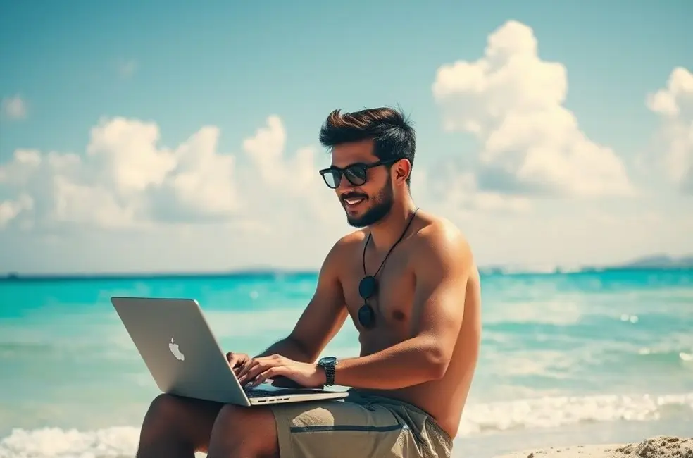 Nômade digital, sentado em uma praia, trabalhando em seu laptop.