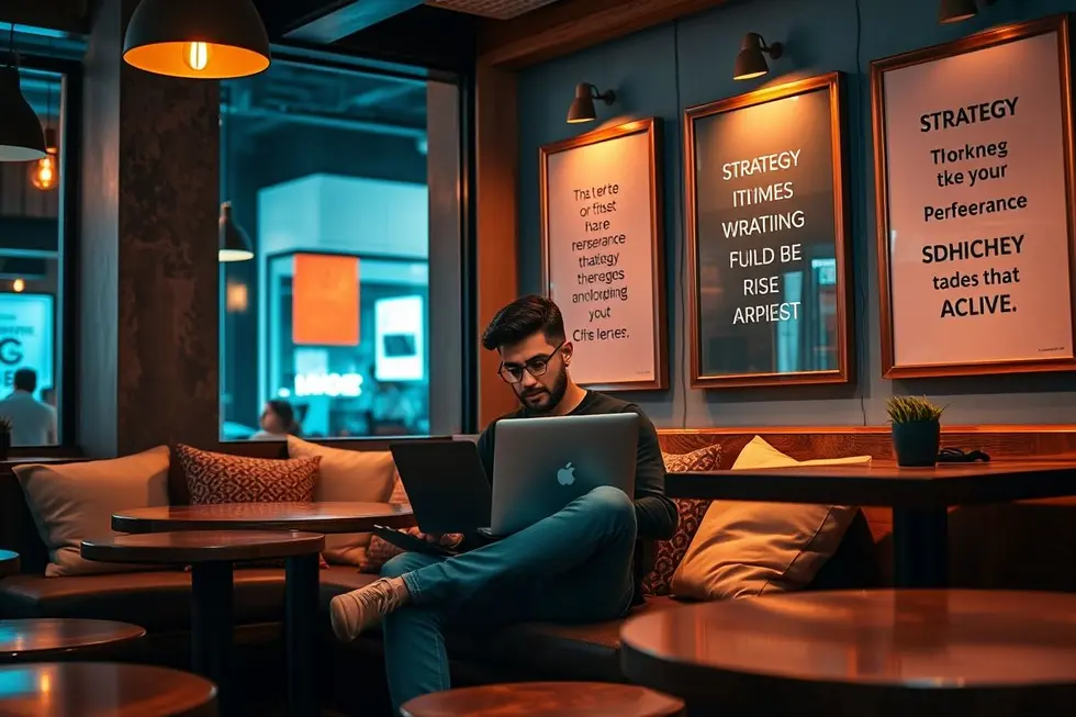 Cena inspiradora de um nômade digital trabalhando em um café com gráficos de sucesso.