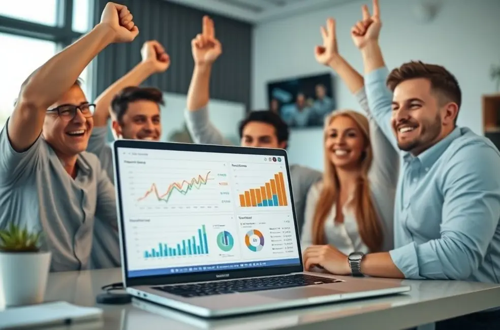 Equipe remota celebrando suas conquistas de negócios.