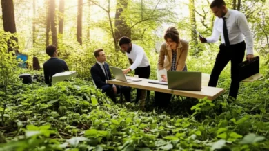 Empreendedores trabalhando de forma sustentável em um ambiente natural.