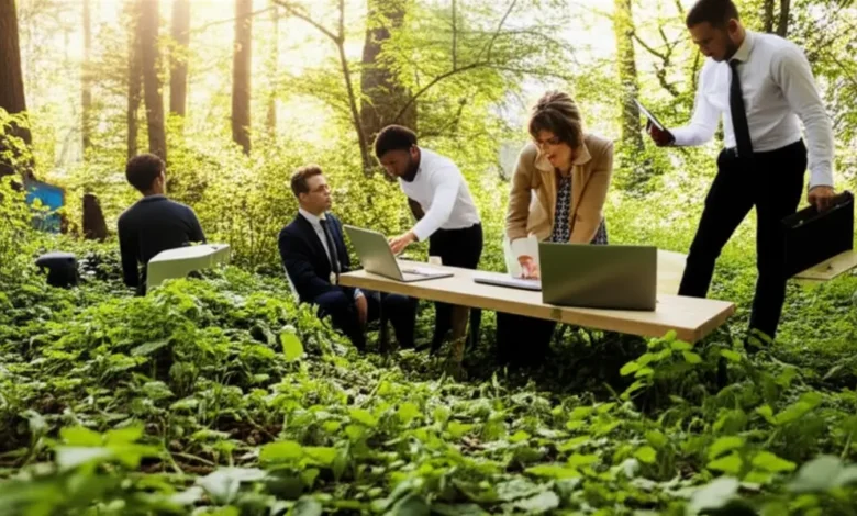 7 Estratégias de Crescimento Sustentável para Empreendedores e Nômades Digitais - Web Nômade Digital Empreendedores trabalhando de forma sustentável em um ambiente natural.