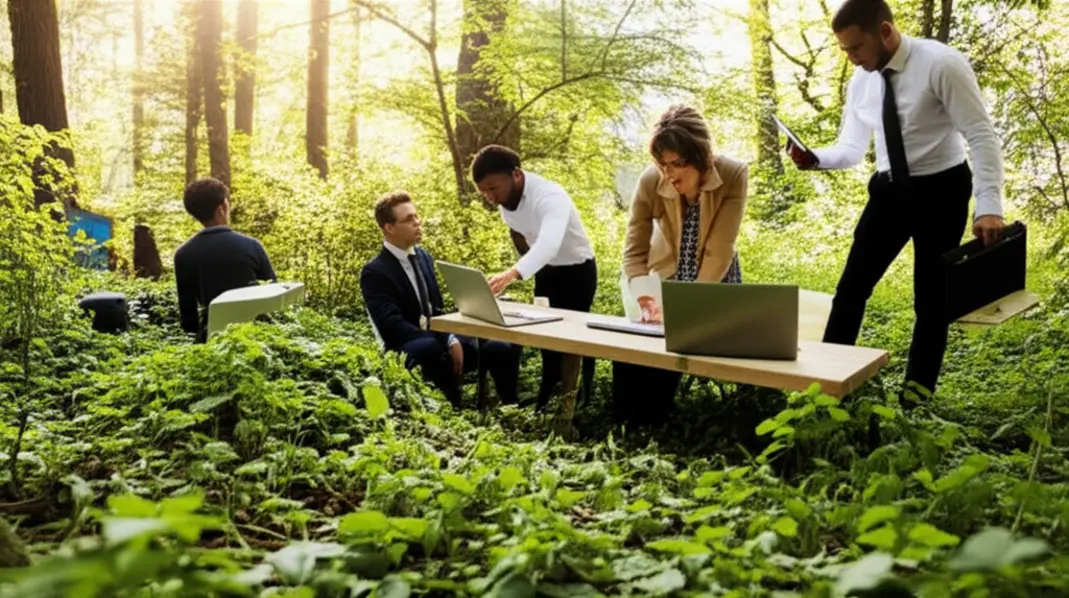 Empreendedores trabalhando de forma sustentável em um ambiente natural.