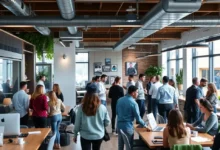 Cliente interagindo em um ambiente empresarial vibrante