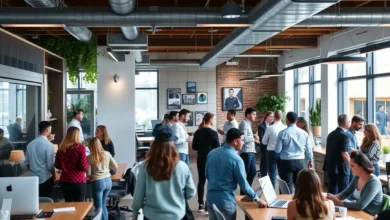 Cliente interagindo em um ambiente empresarial vibrante