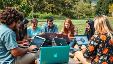 Grupo de nômades digitais trabalhando juntos em um espaço ao ar livre.