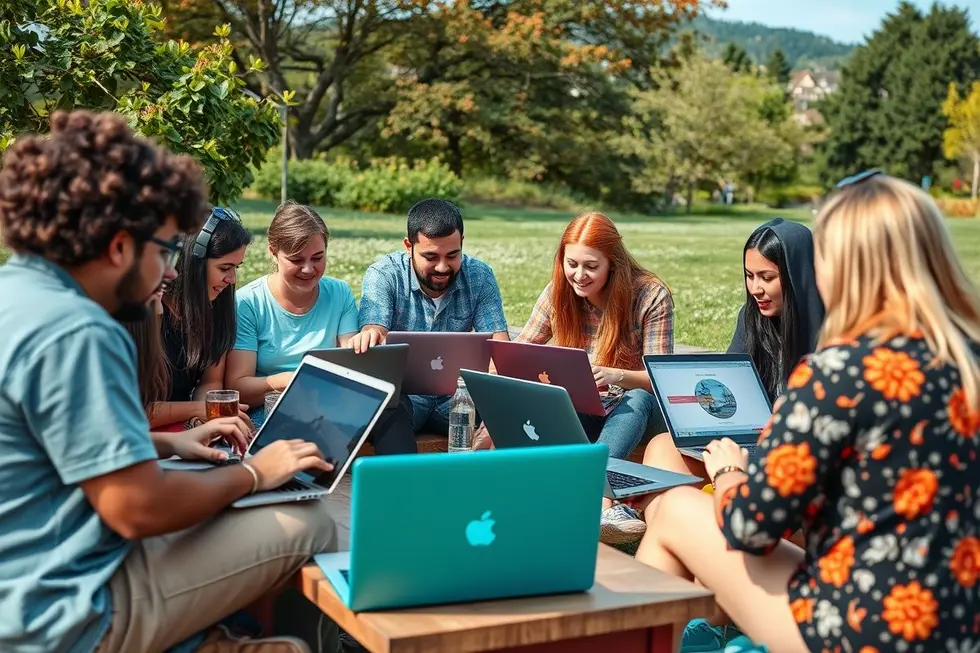 Grupo de nômades digitais trabalhando juntos em um espaço ao ar livre.