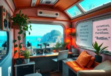 A workspace of a digital nomad with a laptop and notes