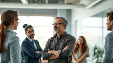 Mentor se dirigindo a um grupo de mentorados em um escritório moderno.