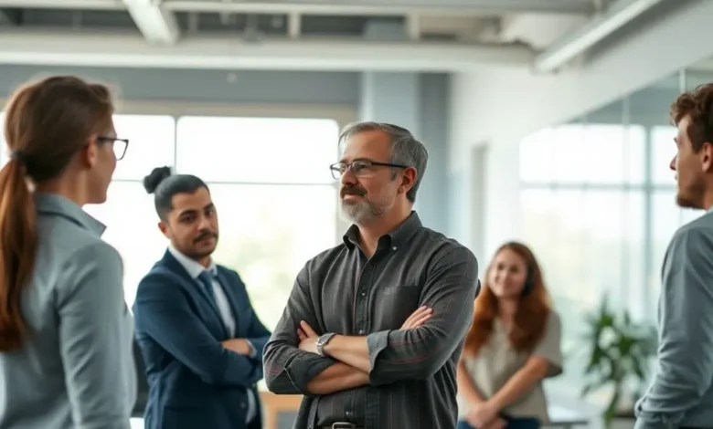 Mentor se dirigindo a um grupo de mentorados em um escritório moderno.