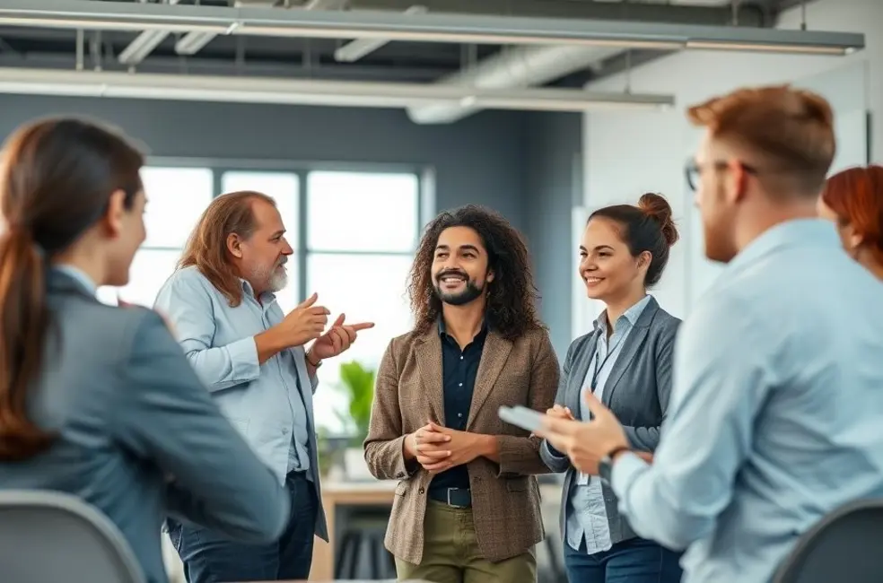 Mentor liderando uma oficina e inspirando participantes.