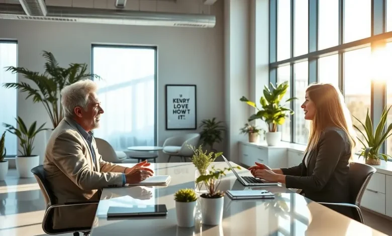 Mentor discutindo ideias com um grupo de mentorados.