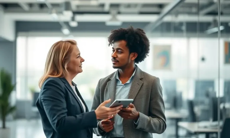 Como Ser um Mentor Empresarial de Sucesso: 7 Estratégias Para Transformar sua Mentoria - Web Nômade Digital Mentor e mentorado compartilhando ideias em um ambiente moderno.