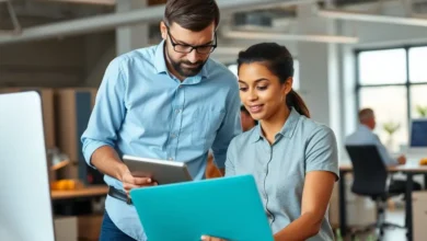 Mentor orientando um empreendedor em um ambiente acolhedor.
