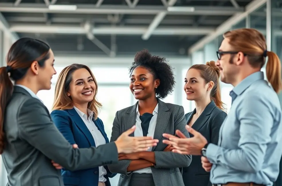 Profissionais diversos envolvidos em uma discussão sobre mentoria.