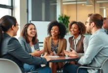 Grupo de pessoas diversas discutindo estratégias de mentoria em uma reunião profissional.