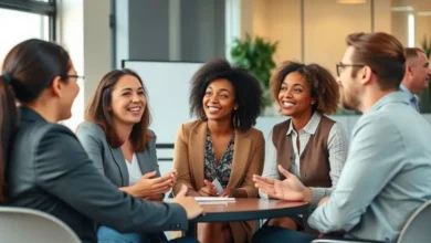 Grupo de pessoas diversas discutindo estratégias de mentoria em uma reunião profissional.