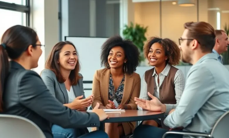 Grupo de pessoas diversas discutindo estratégias de mentoria em uma reunião profissional.