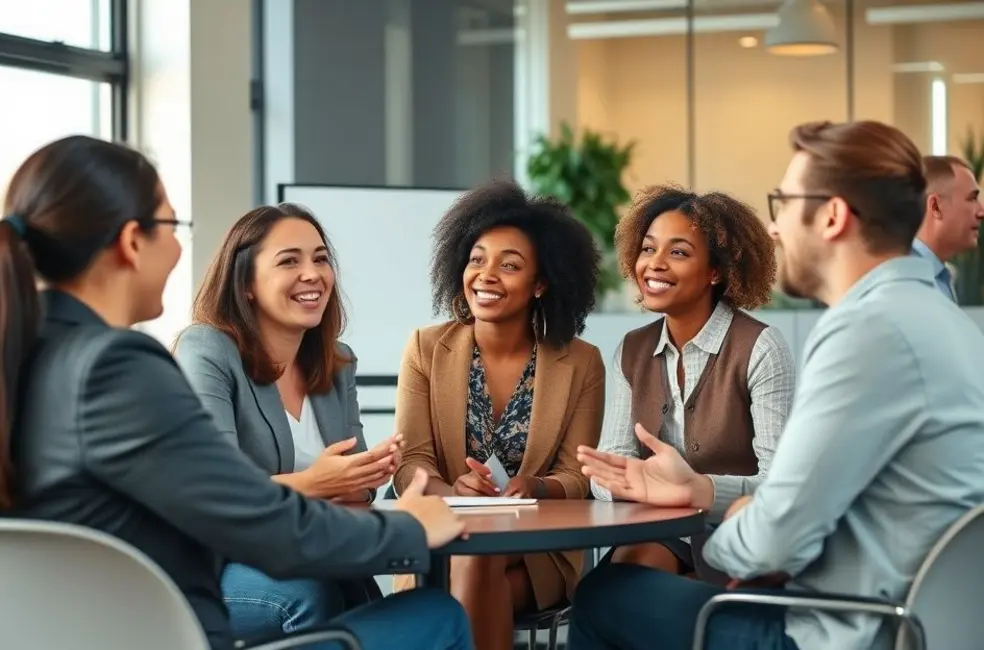Grupo de pessoas diversas discutindo estratégias de mentoria em uma reunião profissional.