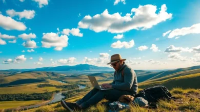 Um nômade digital trabalhando em um local panorâmico