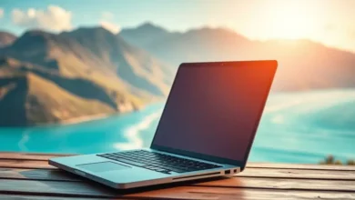 Nômade digital trabalhando em um laptop com vista para a natureza.
