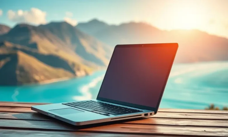 Nômade digital trabalhando em um laptop com vista para a natureza.