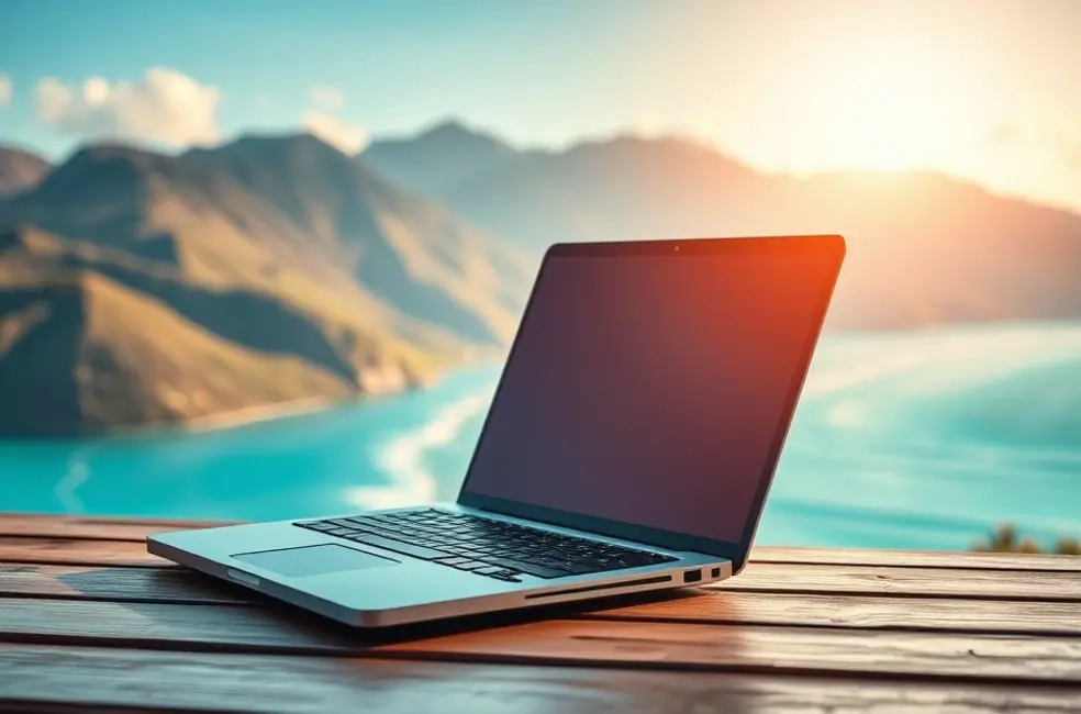 Nômade digital trabalhando em um laptop com vista para a natureza.