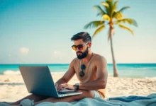 Nômade digital trabalhando em seu laptop na praia.