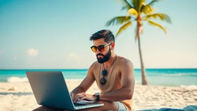 Nômade digital trabalhando em seu laptop na praia.