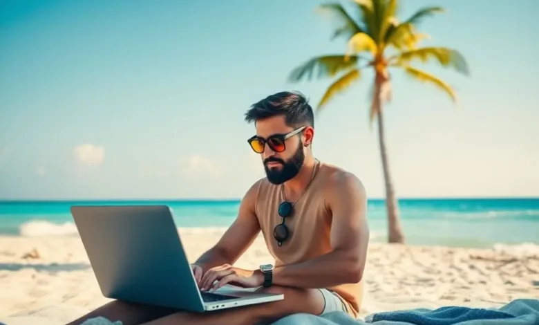 Nômade digital trabalhando em seu laptop na praia.