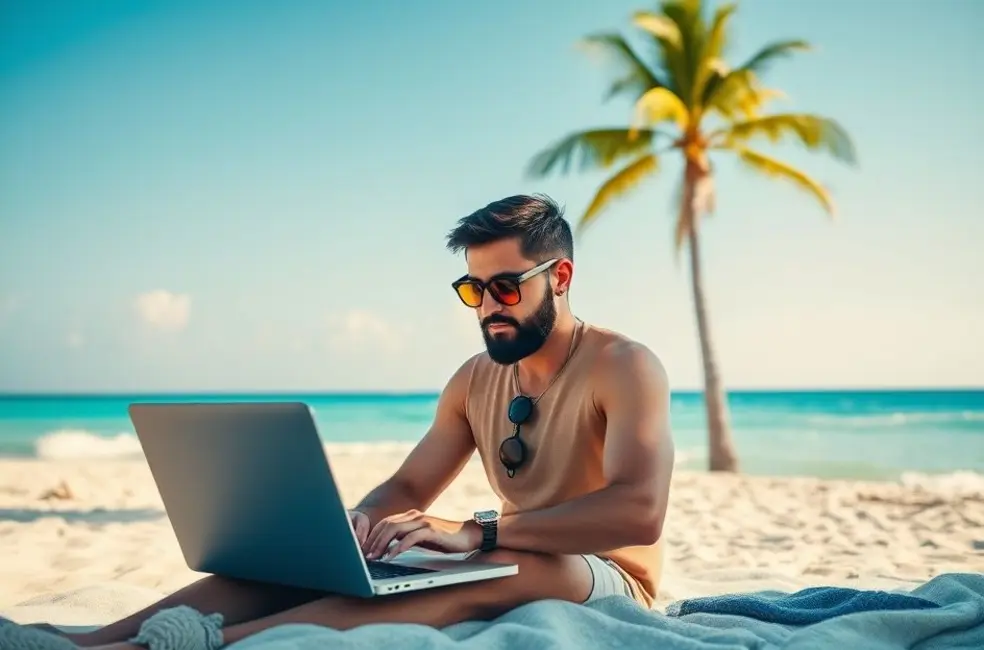 Nômade digital trabalhando em seu laptop na praia.
