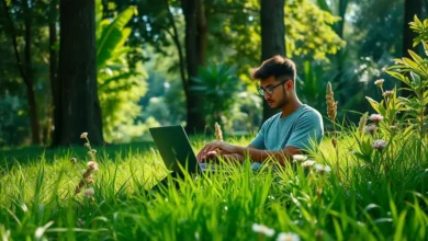 Nômade digital utilizando laptop em um cenário natural.