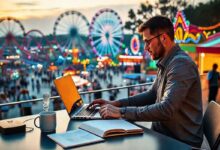 Profissional remoto trabalhando em laptop com parque de diversões ao fundo