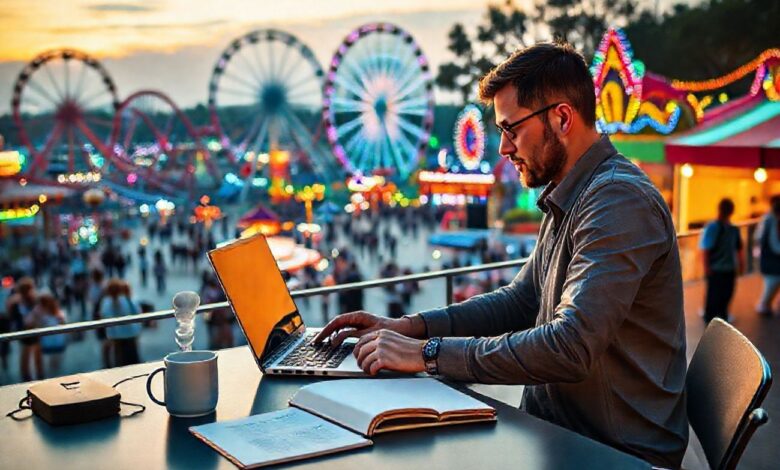 Trabalhar em Parques de Diversões como Nômade Digital: O Guia Completo - Web Nômade Digital Profissional remoto trabalhando em laptop com parque de diversões ao fundo
