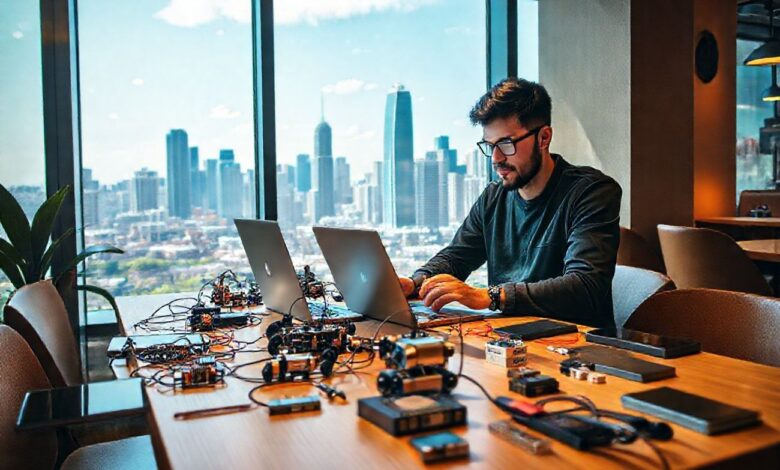 Nômades Robótica: O Futuro do Trabalho Remoto em Tecnologia - Web Nômade Digital Nômade digital trabalhando com robótica em ambiente remoto moderno