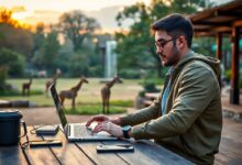 Nômade digital trabalhando com computador em parque zoológico