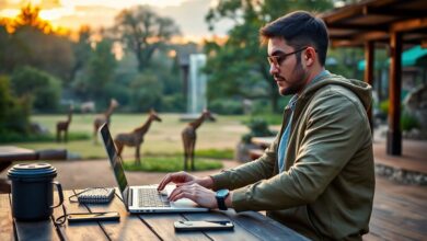 Nômade digital trabalhando com computador em parque zoológico