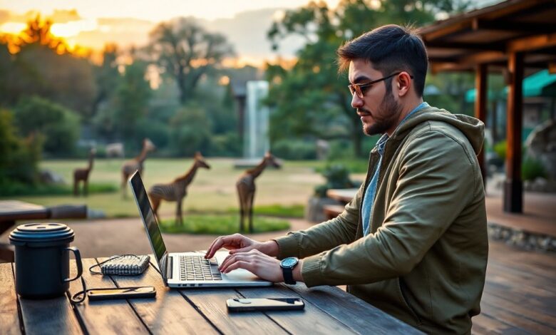 Nômade digital trabalhando com computador em parque zoológico