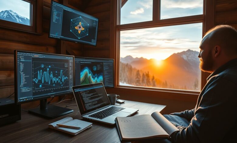 Nômades da Física Quântica: O Futuro do Trabalho Científico Remoto - Web Nômade Digital Nômade digital físico quântico trabalhando remotamente com tecnologia avançada