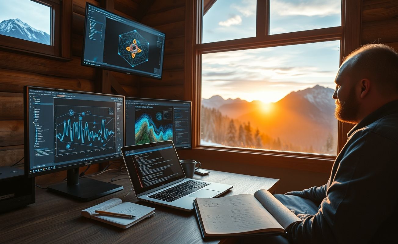 Nômade digital físico quântico trabalhando remotamente com tecnologia avançada