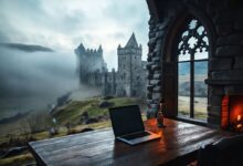 Castelo escocês adaptado para trabalho remoto de nômades digitais com laptop