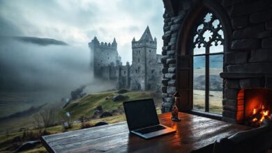 Castelo escocês adaptado para trabalho remoto de nômades digitais com laptop