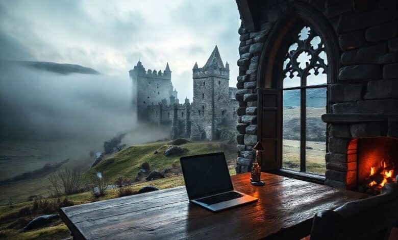 Como conseguir estadia em castelos na Escócia - Web Nômade Digital Castelo escocês adaptado para trabalho remoto de nômades digitais com laptop