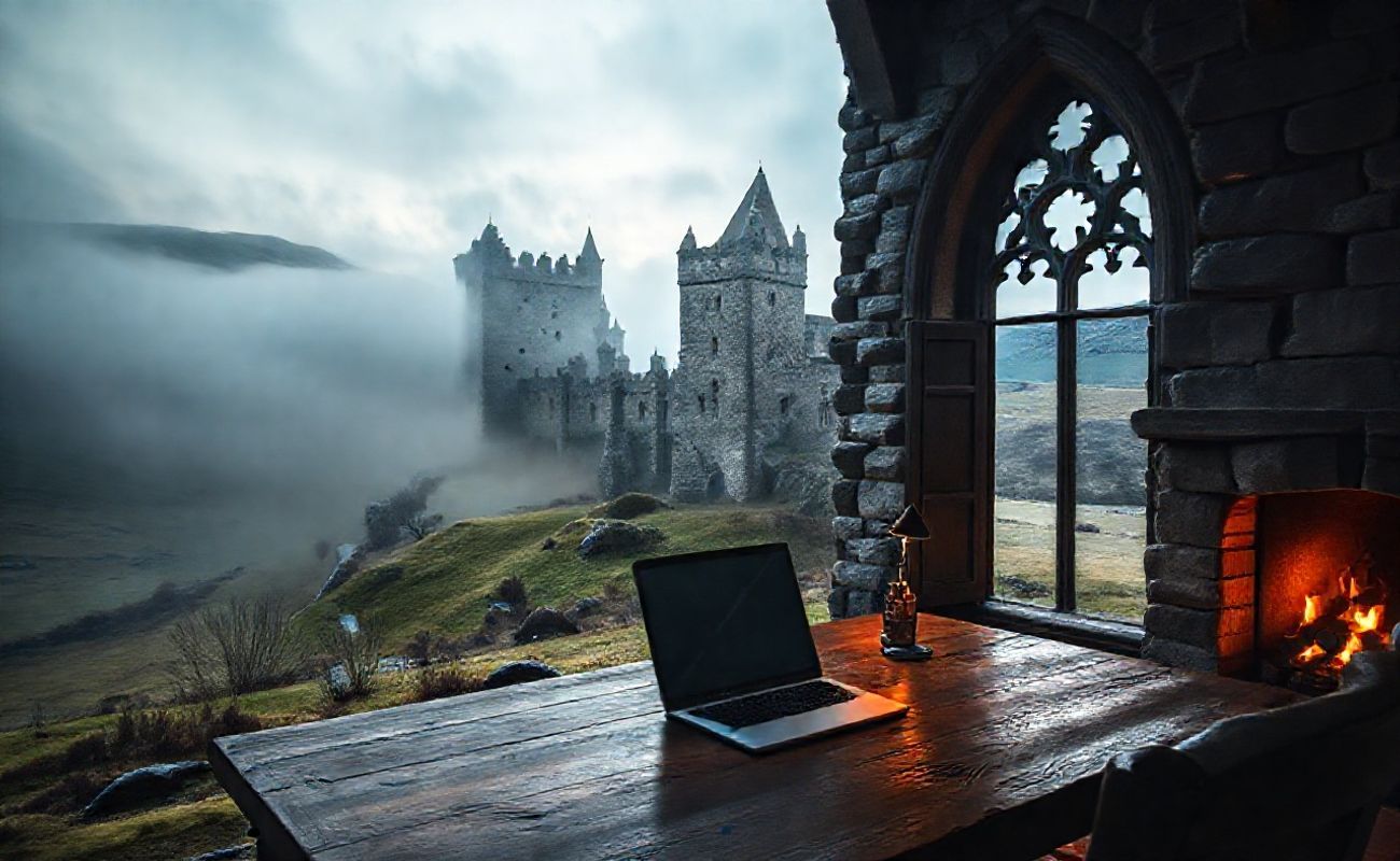 Castelo escocês adaptado para trabalho remoto de nômades digitais com laptop