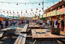 Nômades digitais trabalhando em festival de gastronomia com computadores e comida