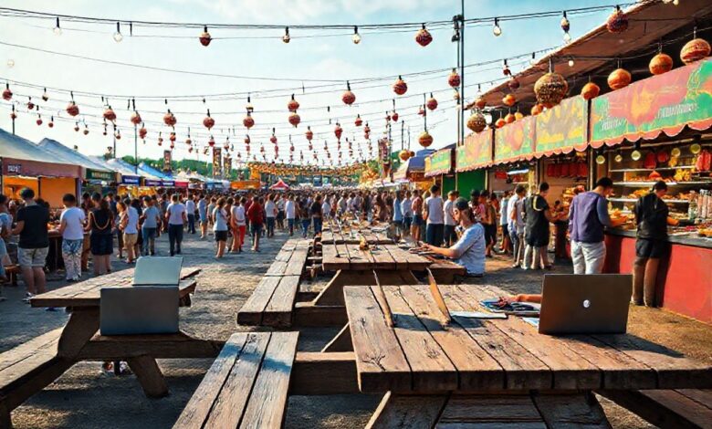 Como trabalhar em festivais de gastronomia como nômade digital - Web Nômade Digital Nômades digitais trabalhando em festival de gastronomia com computadores e comida