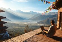 Mosteiro nas montanhas para nômades digitais trabalharem remotamente com vista inspiradora
