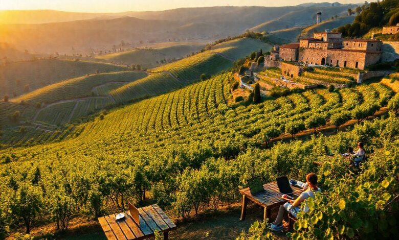 Comunidades de Nômades em Cidades de Vinho: O Destino Perfeito para Trabalhar e Viver - Web Nômade Digital Comunidade de nômades digitais trabalhando remotamente em vinhedos durante o pôr do sol