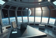 Nômade digital trabalhando em estação espacial com vista para Terra